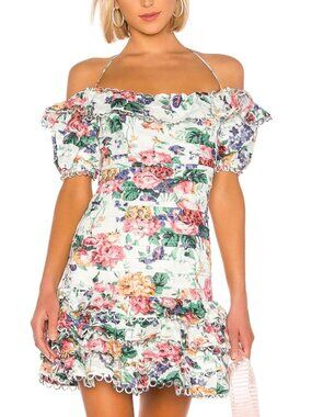 Zimmermann Allia Floral Linen Mini Dress Size 1 S Red Green Tiered Ruffle